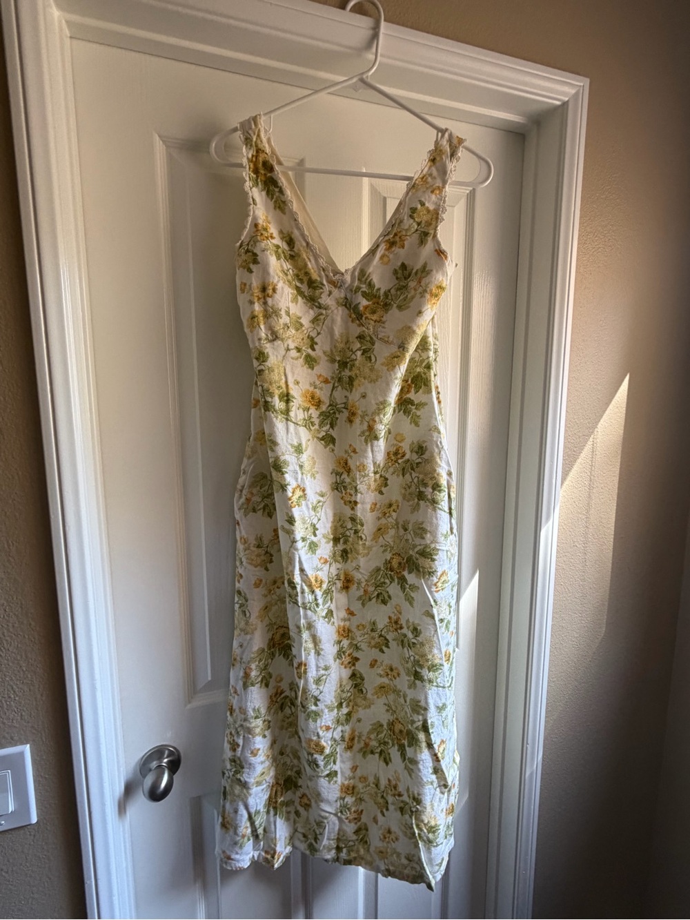 Laura Ashley White Floral V-Neck Midi Dress with Yellow and Green Print